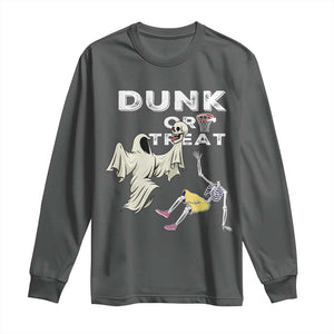 Halloween Dunk Or Treat Long Sleeve Shirt Funny Skeleton And Ghost Playing Basketball TS12 Dark Heather Print Your Wear