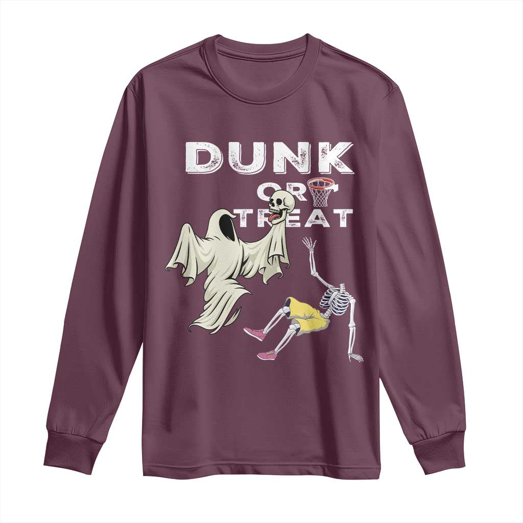 Halloween Dunk Or Treat Long Sleeve Shirt Funny Skeleton And Ghost Playing Basketball TS12 Maroon Print Your Wear