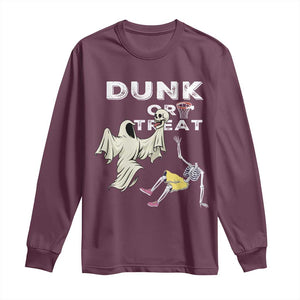 Halloween Dunk Or Treat Long Sleeve Shirt Funny Skeleton And Ghost Playing Basketball TS12 Maroon Print Your Wear