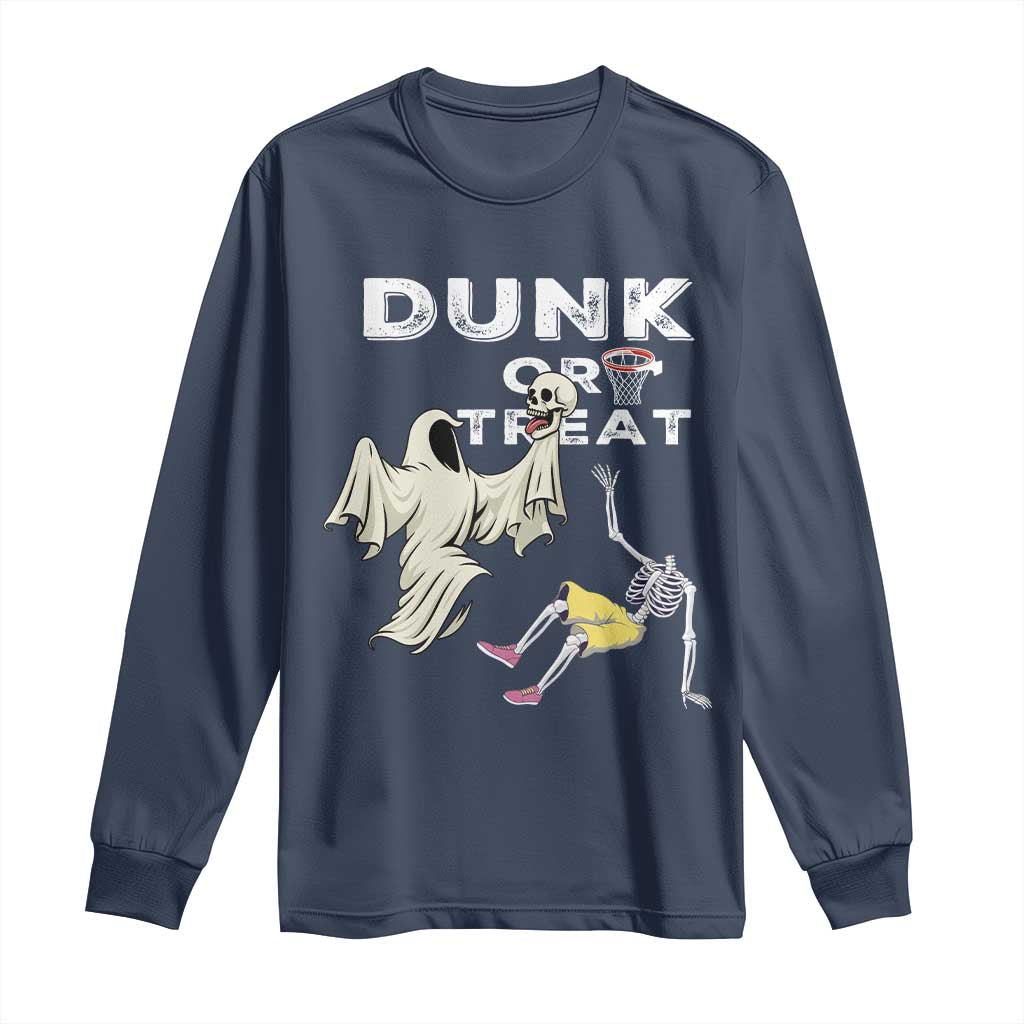 Halloween Dunk Or Treat Long Sleeve Shirt Funny Skeleton And Ghost Playing Basketball TS12 Navy Print Your Wear