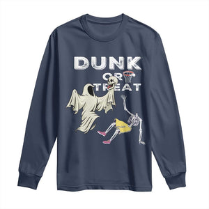 Halloween Dunk Or Treat Long Sleeve Shirt Funny Skeleton And Ghost Playing Basketball TS12 Navy Print Your Wear