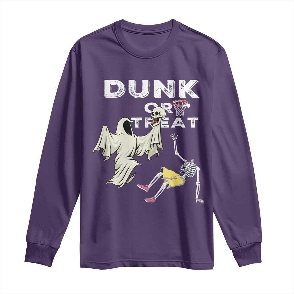 Halloween Dunk Or Treat Long Sleeve Shirt Funny Skeleton And Ghost Playing Basketball TS12 Purple Print Your Wear