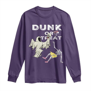 Halloween Dunk Or Treat Long Sleeve Shirt Funny Skeleton And Ghost Playing Basketball TS12 Purple Print Your Wear