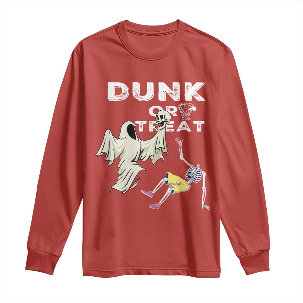Halloween Dunk Or Treat Long Sleeve Shirt Funny Skeleton And Ghost Playing Basketball TS12 Red Print Your Wear