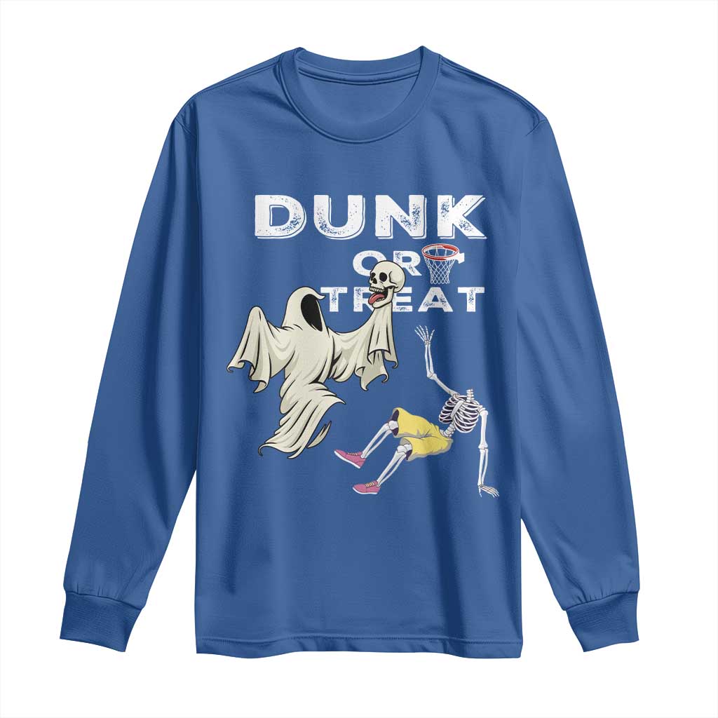 Halloween Dunk Or Treat Long Sleeve Shirt Funny Skeleton And Ghost Playing Basketball TS12 Royal Blue Print Your Wear