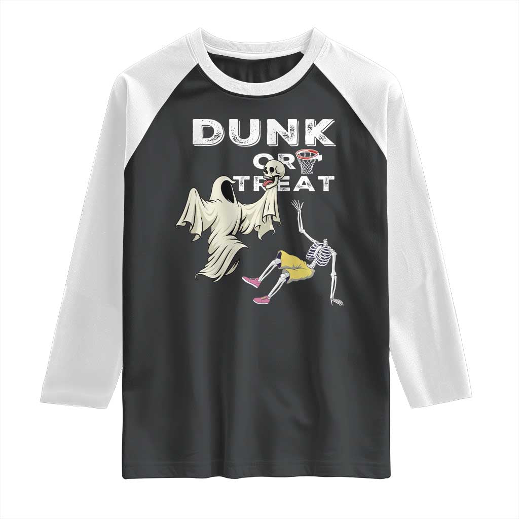Halloween Dunk Or Treat Raglan Shirt Funny Skeleton And Ghost Playing Basketball TS12 Black White Print Your Wear