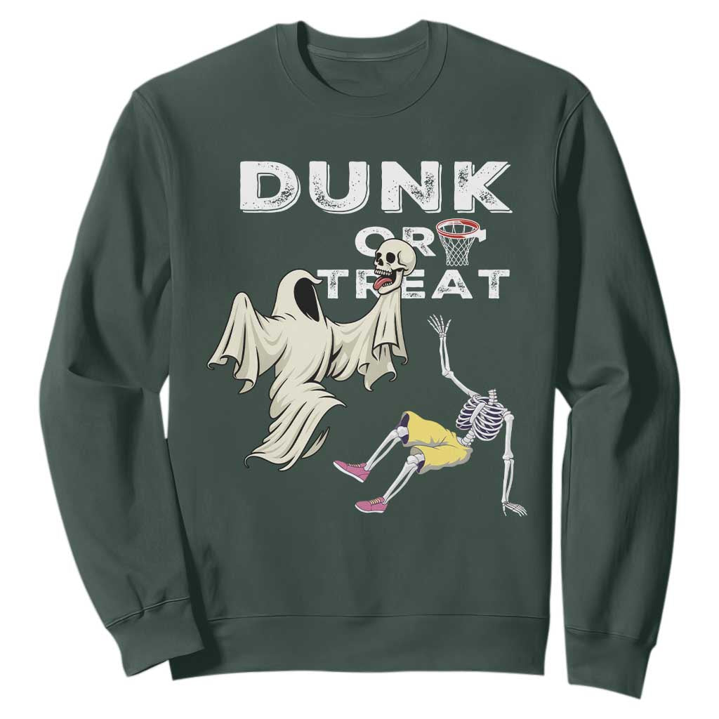 Halloween Dunk Or Treat Sweatshirt Funny Skeleton And Ghost Playing Basketball TS12 Dark Forest Green Print Your Wear