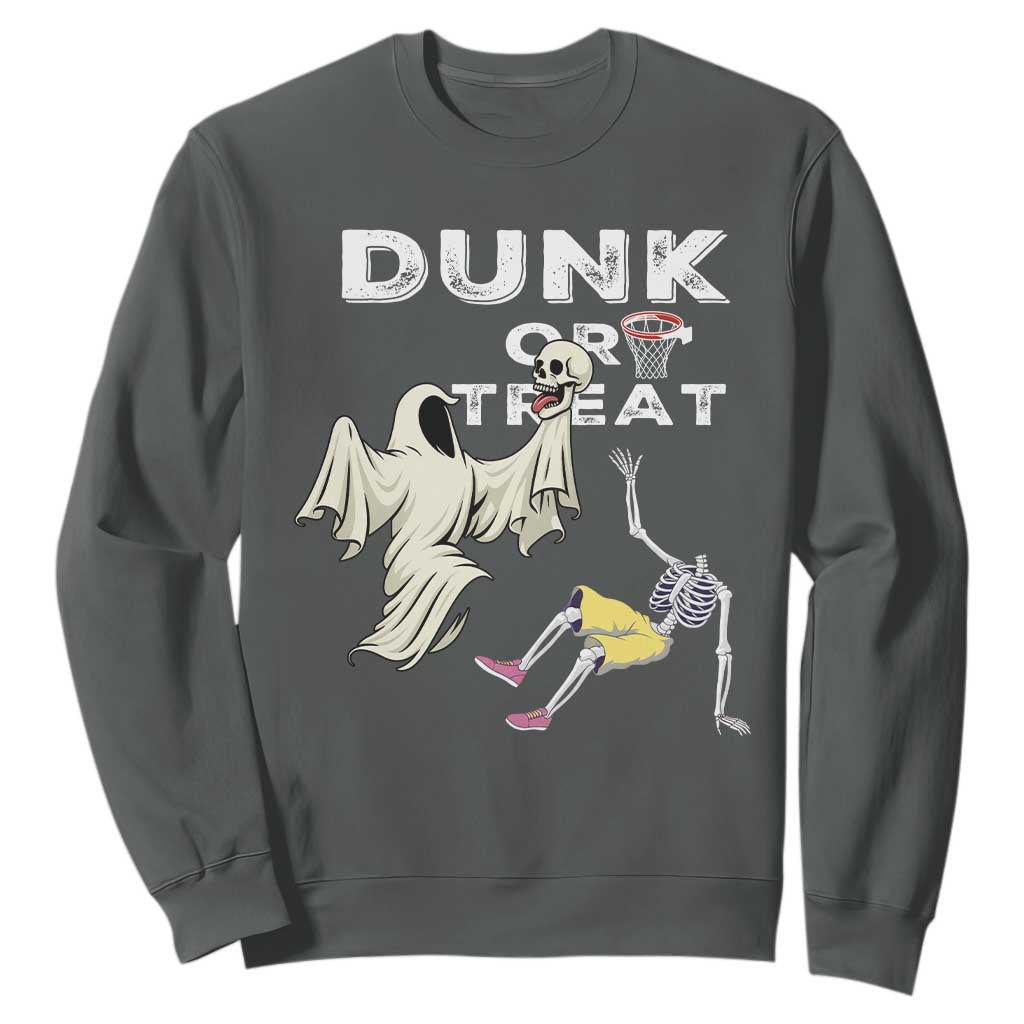 Halloween Dunk Or Treat Sweatshirt Funny Skeleton And Ghost Playing Basketball TS12 Dark Heather Print Your Wear