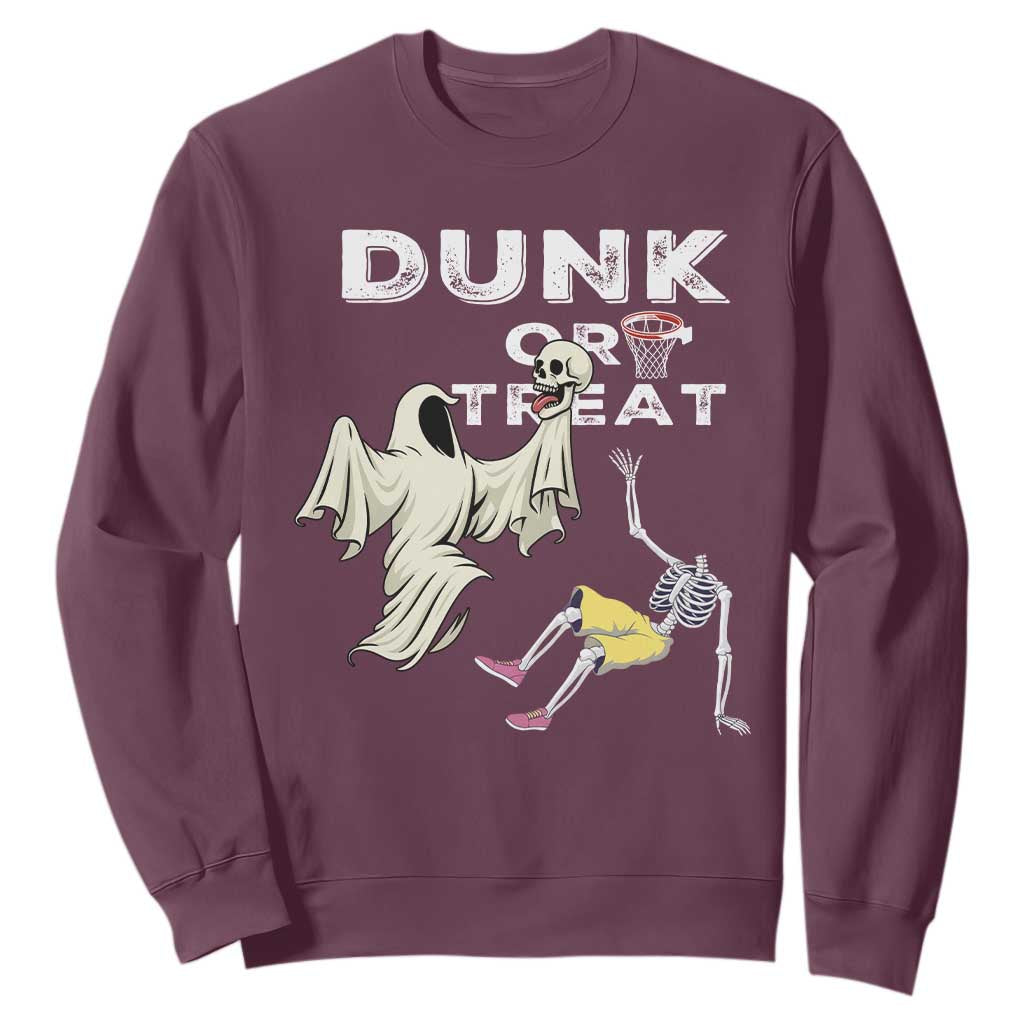 Halloween Dunk Or Treat Sweatshirt Funny Skeleton And Ghost Playing Basketball TS12 Maroon Print Your Wear