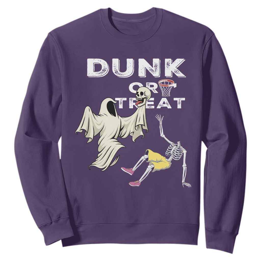 Halloween Dunk Or Treat Sweatshirt Funny Skeleton And Ghost Playing Basketball TS12 Purple Print Your Wear