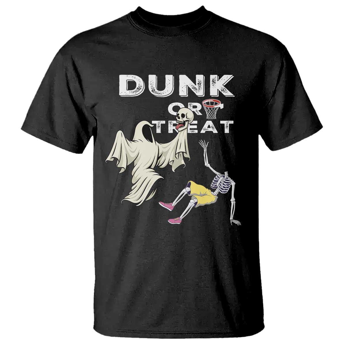 Halloween Dunk Or Treat T Shirt Funny Skeleton And Ghost Playing Basketball TS12 Black Print Your Wear
