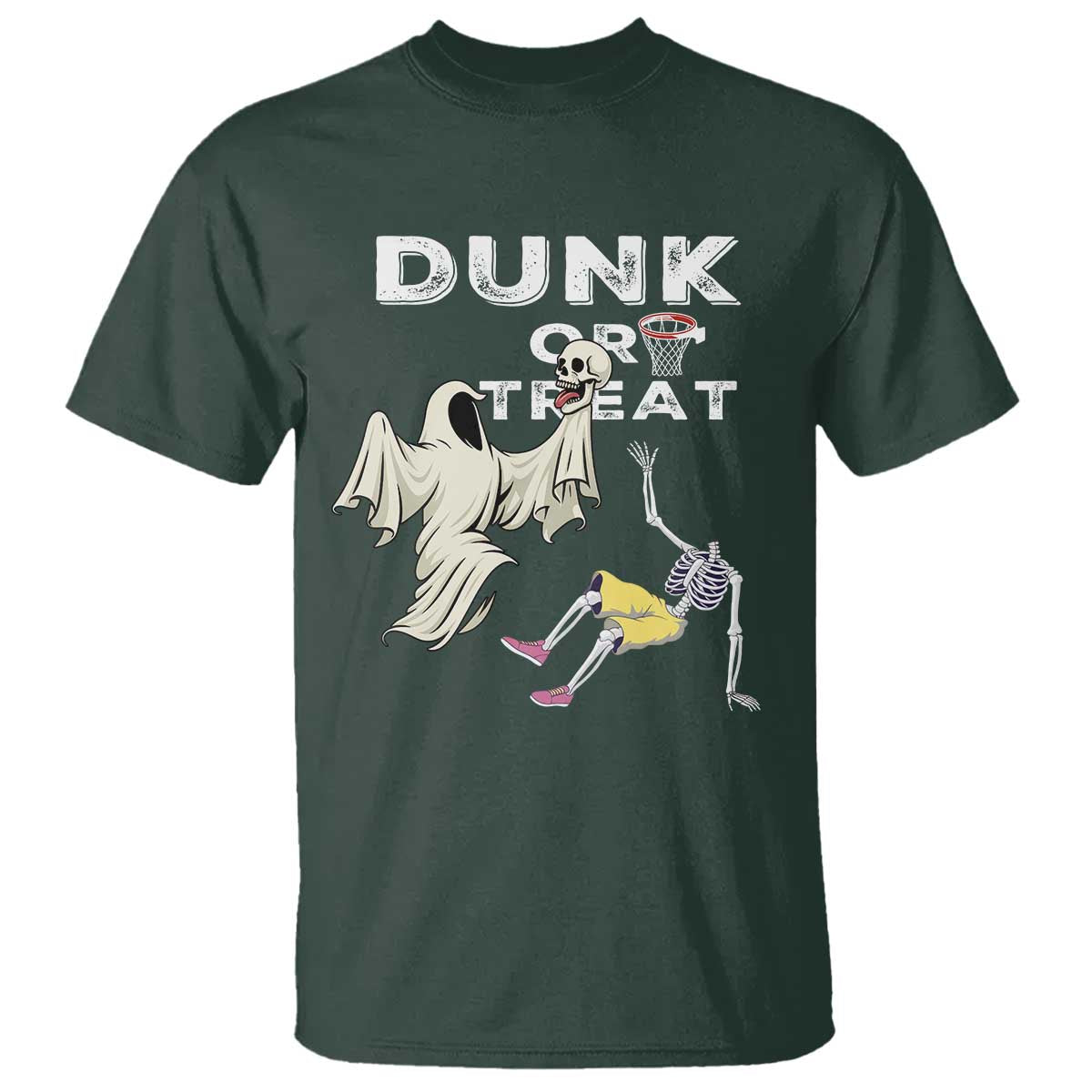 Halloween Dunk Or Treat T Shirt Funny Skeleton And Ghost Playing Basketball TS12 Dark Forest Green Print Your Wear