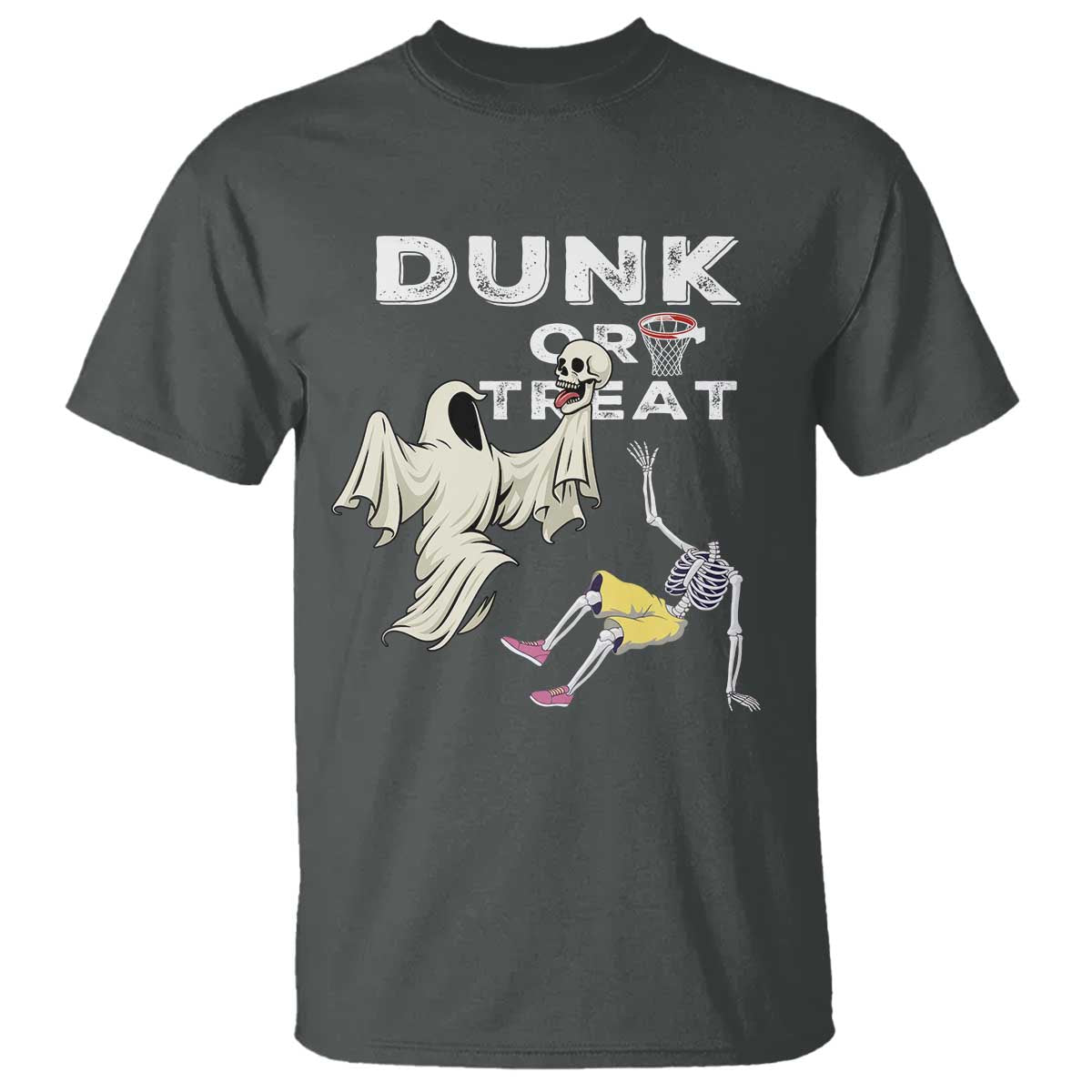 Halloween Dunk Or Treat T Shirt Funny Skeleton And Ghost Playing Basketball TS12 Dark Heather Print Your Wear