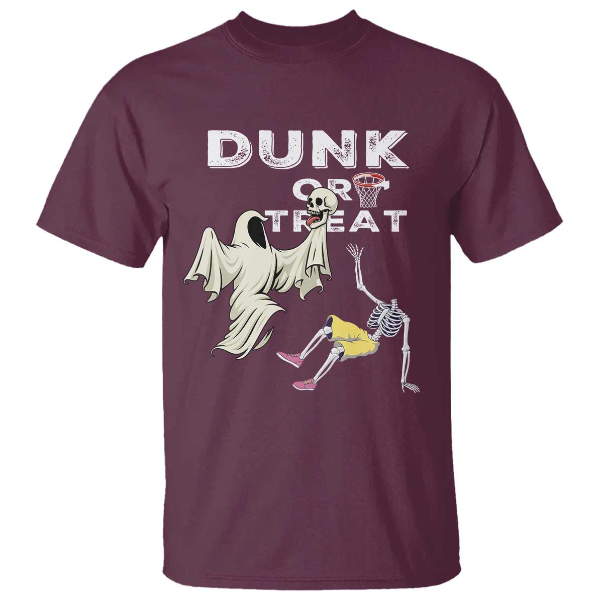Halloween Dunk Or Treat T Shirt Funny Skeleton And Ghost Playing Basketball TS12 Maroon Print Your Wear