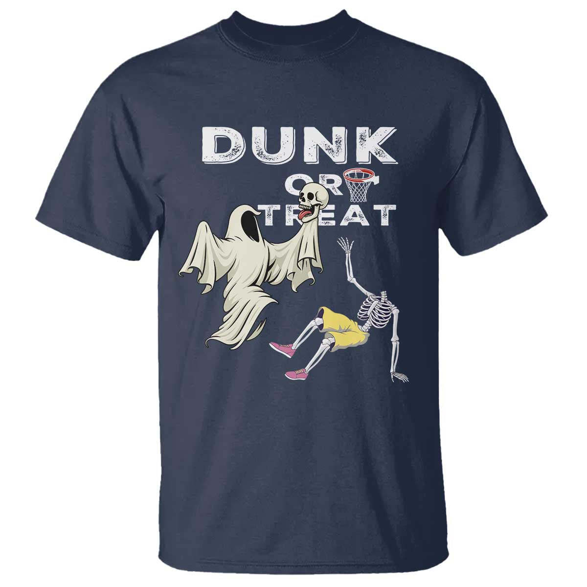 Halloween Dunk Or Treat T Shirt Funny Skeleton And Ghost Playing Basketball TS12 Navy Print Your Wear