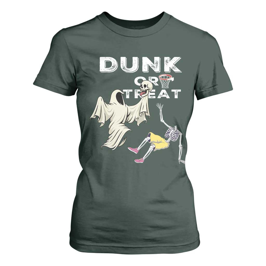 Halloween Dunk Or Treat T Shirt For Women Funny Skeleton And Ghost Playing Basketball TS12 Dark Forest Green Print Your Wear