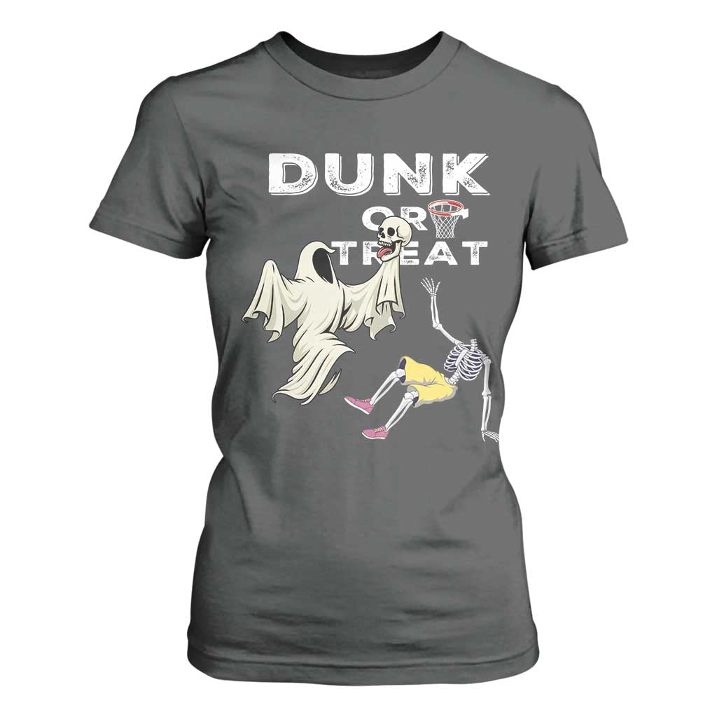 Halloween Dunk Or Treat T Shirt For Women Funny Skeleton And Ghost Playing Basketball TS12 Dark Heather Print Your Wear
