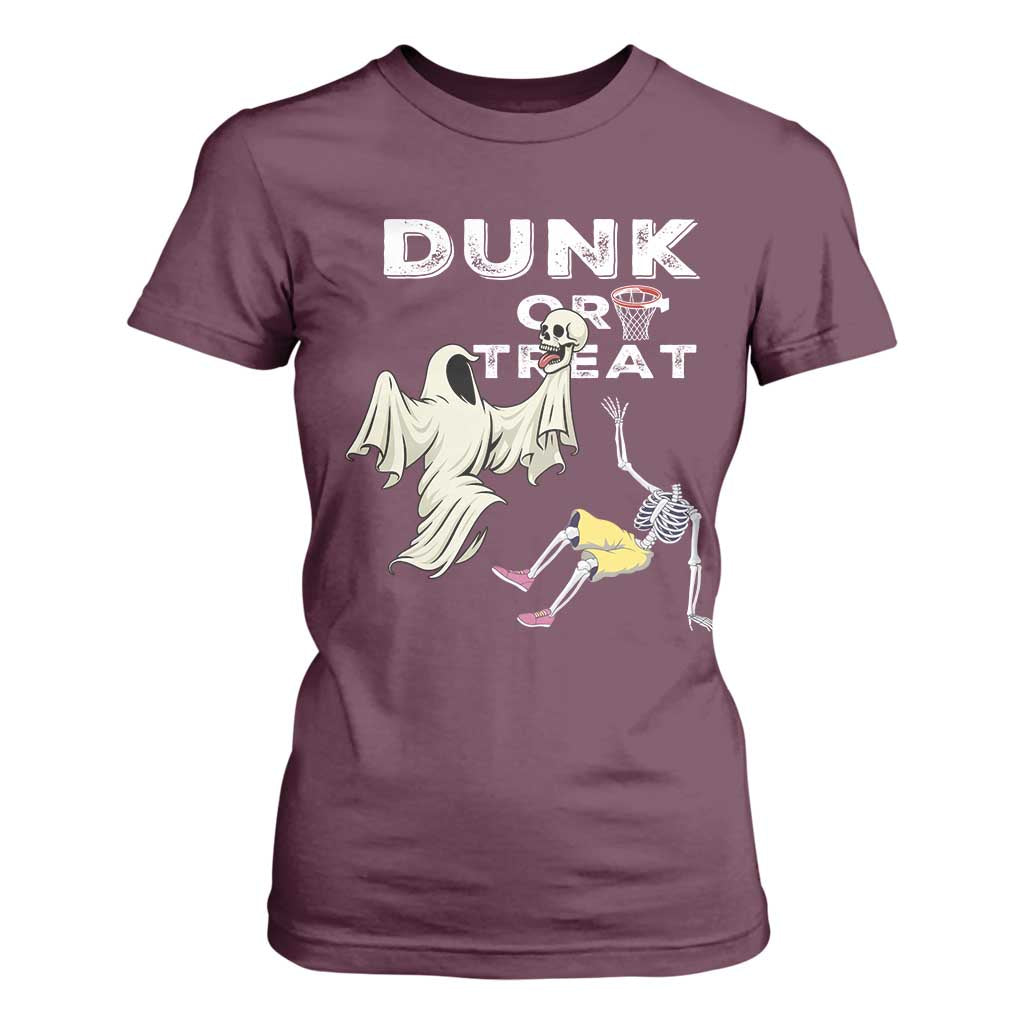 Halloween Dunk Or Treat T Shirt For Women Funny Skeleton And Ghost Playing Basketball TS12 Maroon Print Your Wear