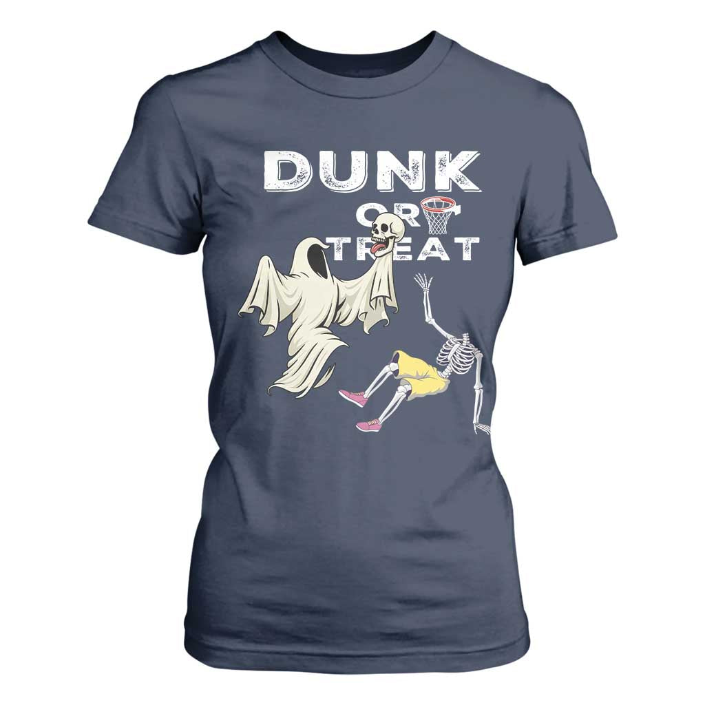 Halloween Dunk Or Treat T Shirt For Women Funny Skeleton And Ghost Playing Basketball TS12 Navy Print Your Wear