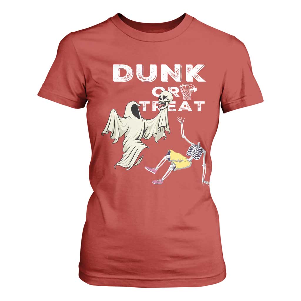 Halloween Dunk Or Treat T Shirt For Women Funny Skeleton And Ghost Playing Basketball TS12 Red Print Your Wear