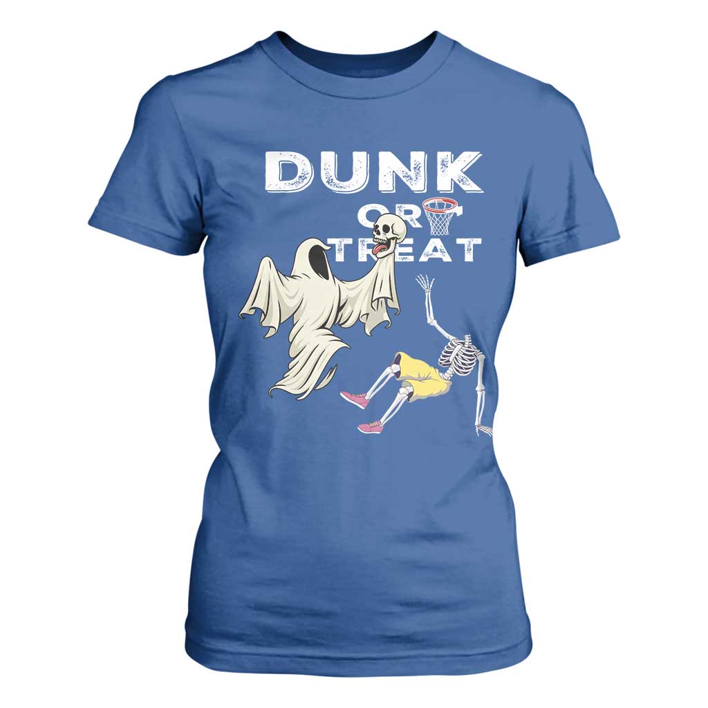 Halloween Dunk Or Treat T Shirt For Women Funny Skeleton And Ghost Playing Basketball TS12 Royal Blue Print Your Wear