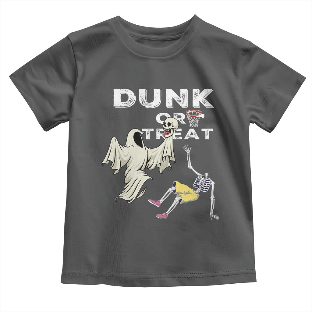 Halloween Dunk Or Treat Toddler T Shirt Funny Skeleton And Ghost Playing Basketball TS12 Dark Heather Print Your Wear