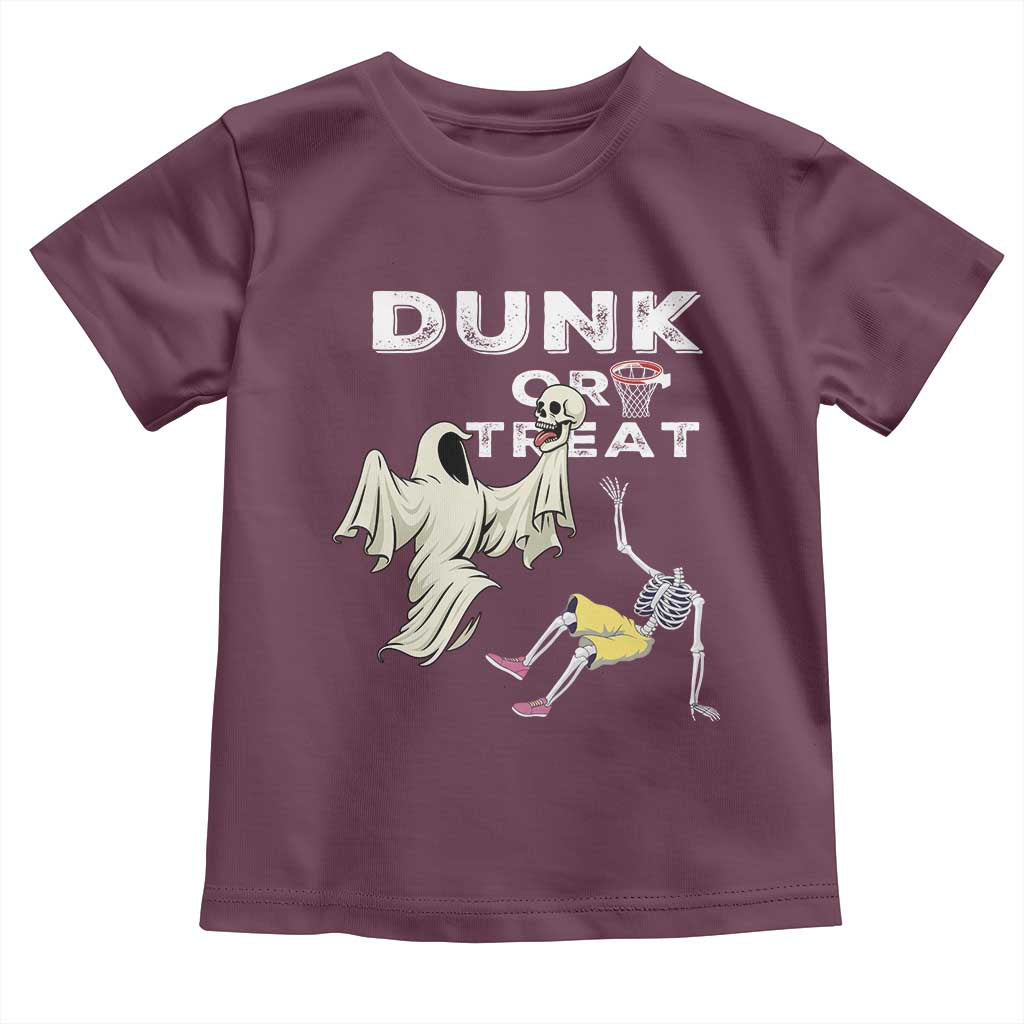 Halloween Dunk Or Treat Toddler T Shirt Funny Skeleton And Ghost Playing Basketball TS12 Maroon Print Your Wear