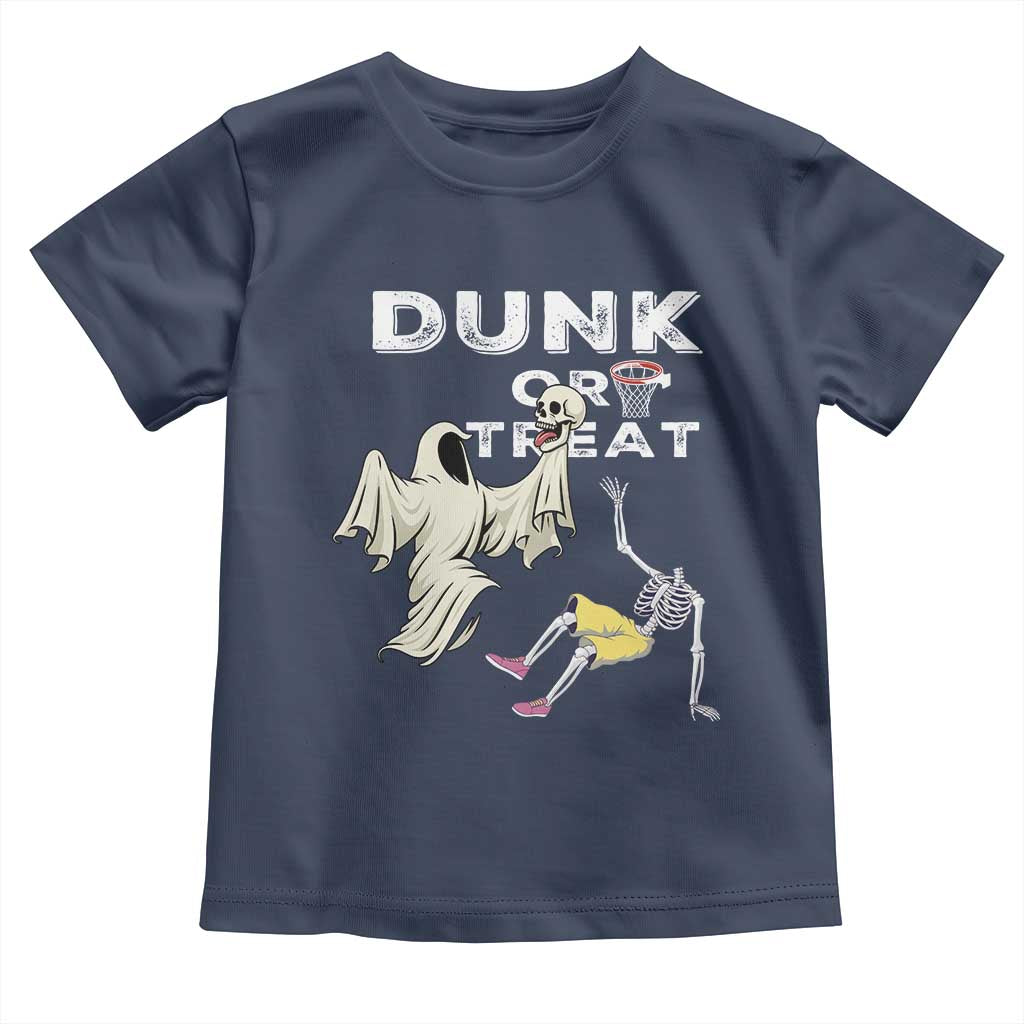 Halloween Dunk Or Treat Toddler T Shirt Funny Skeleton And Ghost Playing Basketball TS12 Navy Print Your Wear