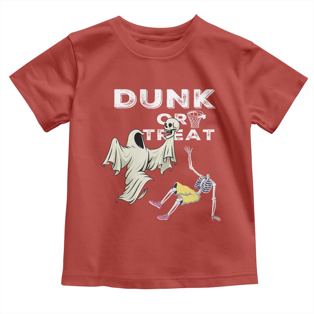 Halloween Dunk Or Treat Toddler T Shirt Funny Skeleton And Ghost Playing Basketball TS12 Red Print Your Wear