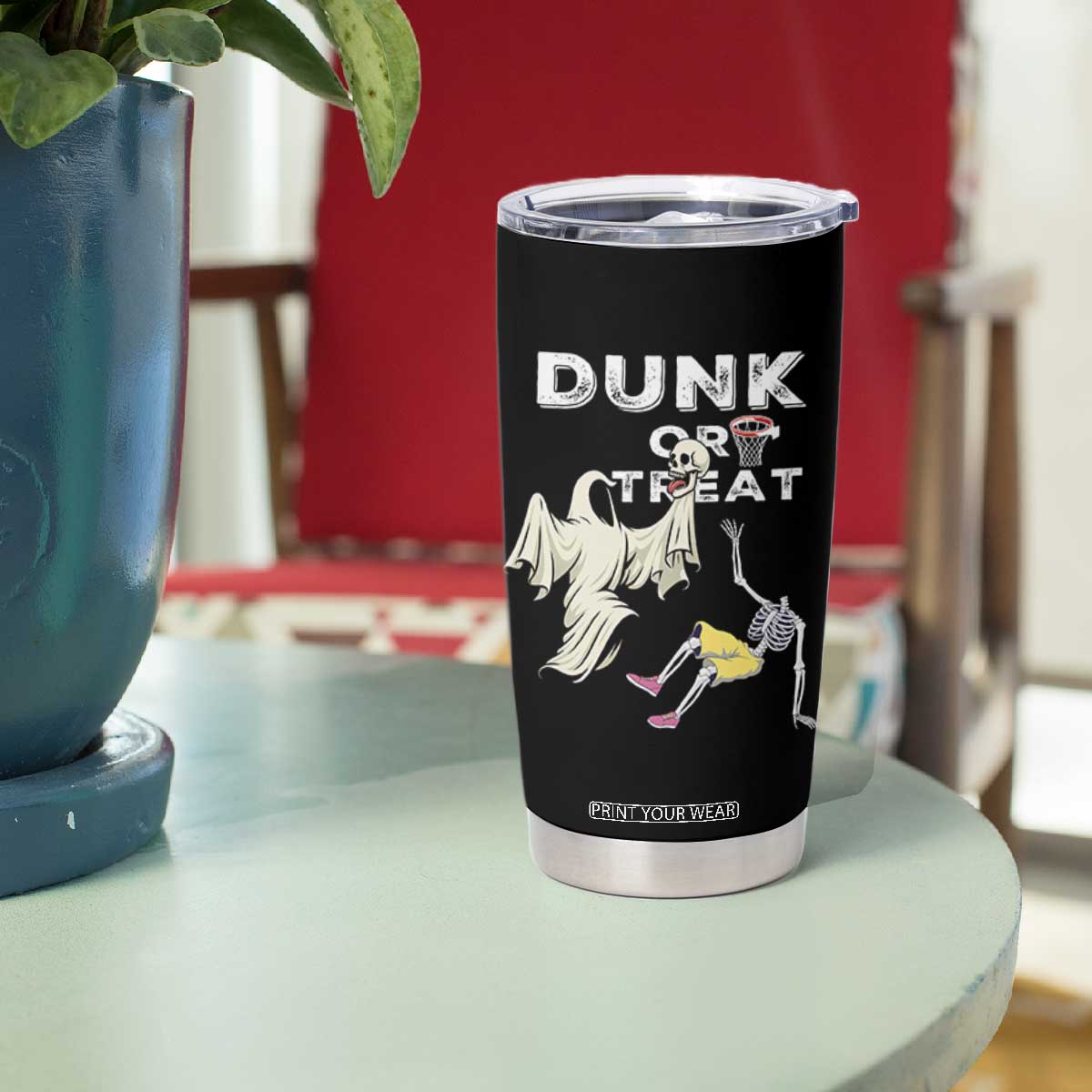 Halloween Dunk Or Treat Tumbler Cup Funny Skeleton And Ghost Playing Basketball TS12 Print Your Wear