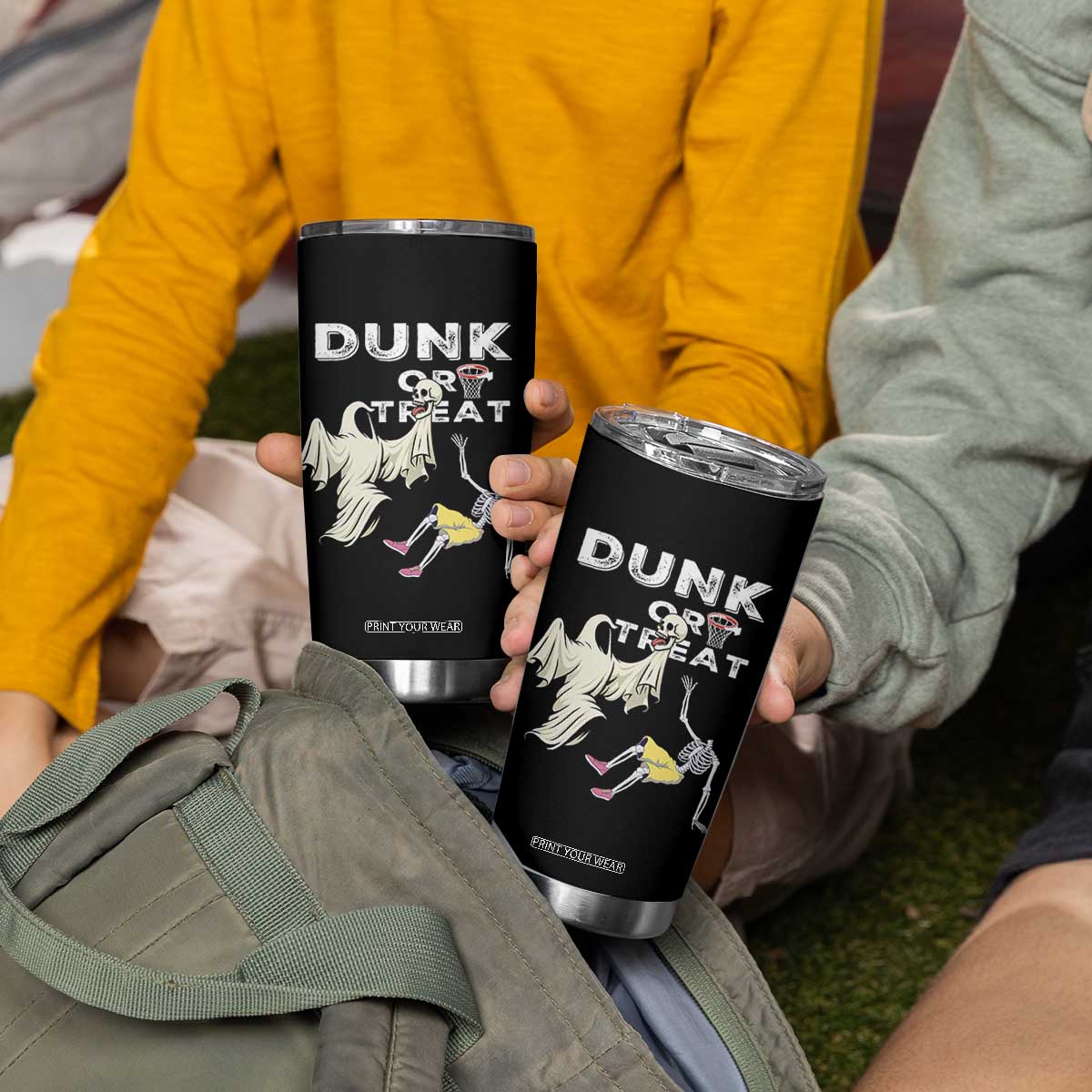 Halloween Dunk Or Treat Tumbler Cup Funny Skeleton And Ghost Playing Basketball TS12 Print Your Wear