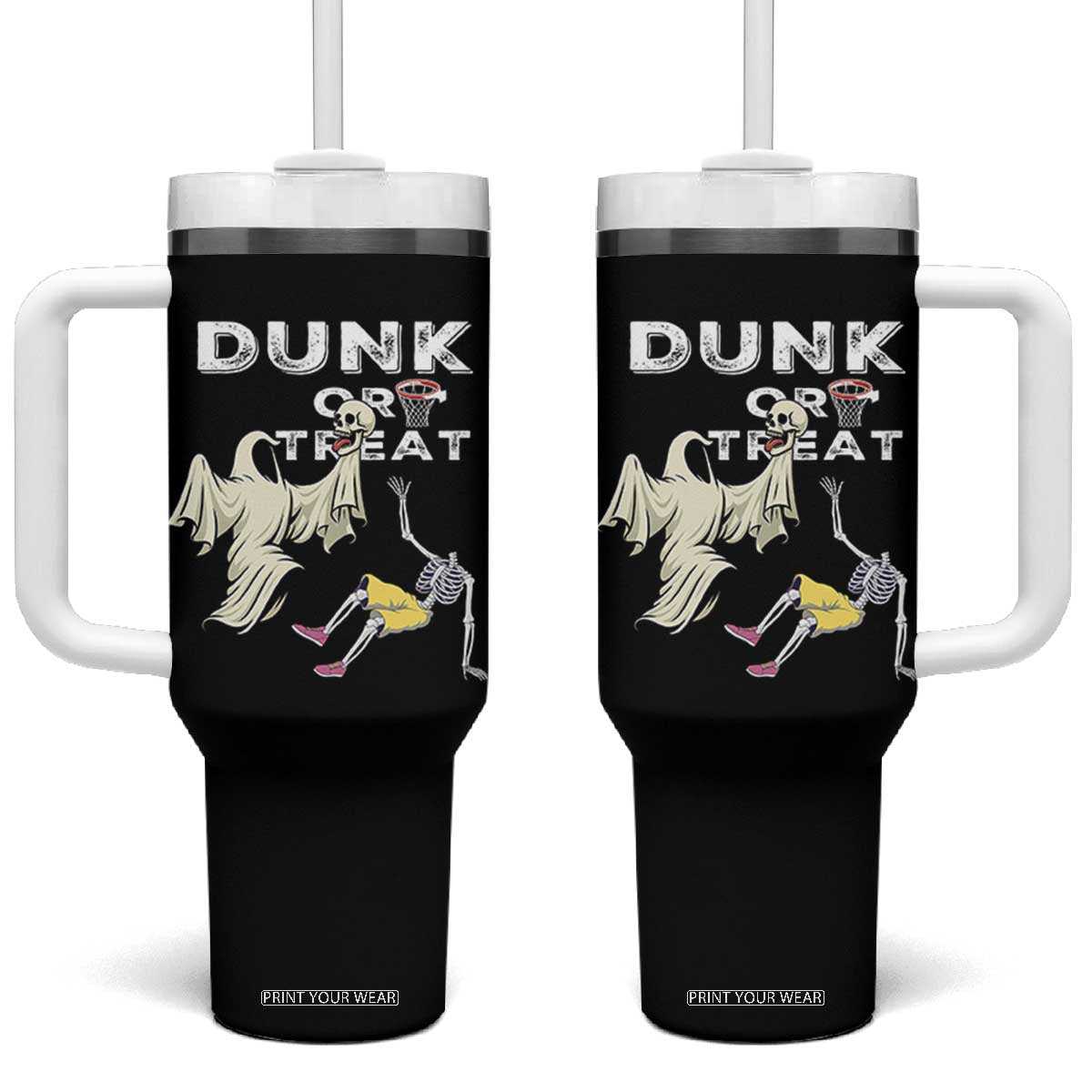 Halloween Dunk Or Treat Tumbler With Handle Funny Skeleton And Ghost Playing Basketball TS12 One Size: 40 oz Black Print Your Wear