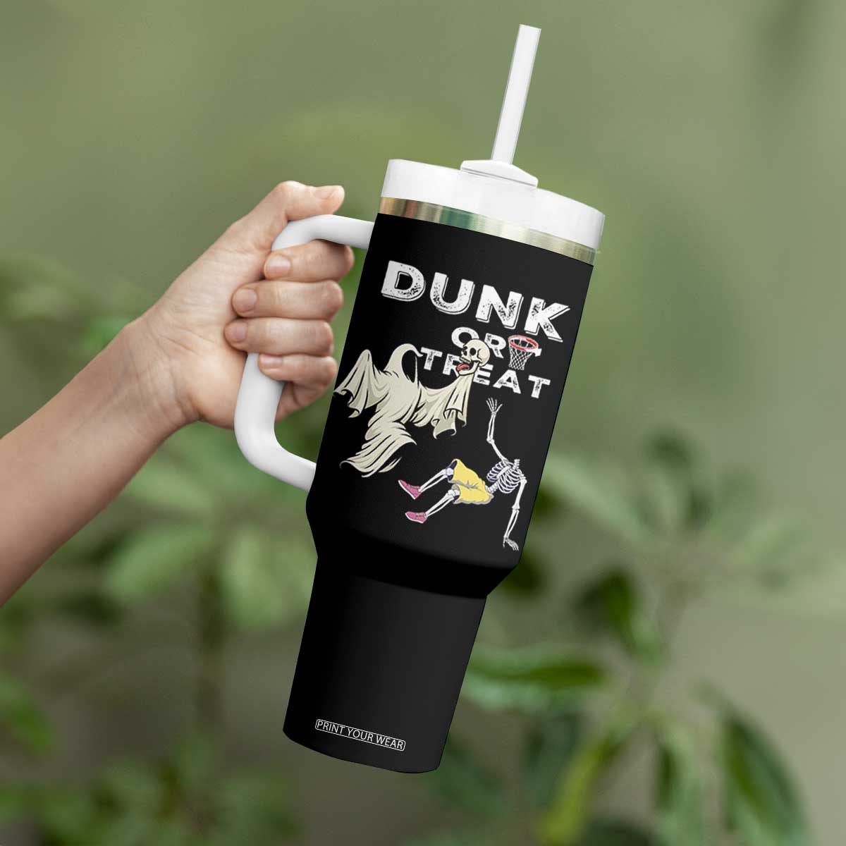Halloween Dunk Or Treat Tumbler With Handle Funny Skeleton And Ghost Playing Basketball TS12 Print Your Wear