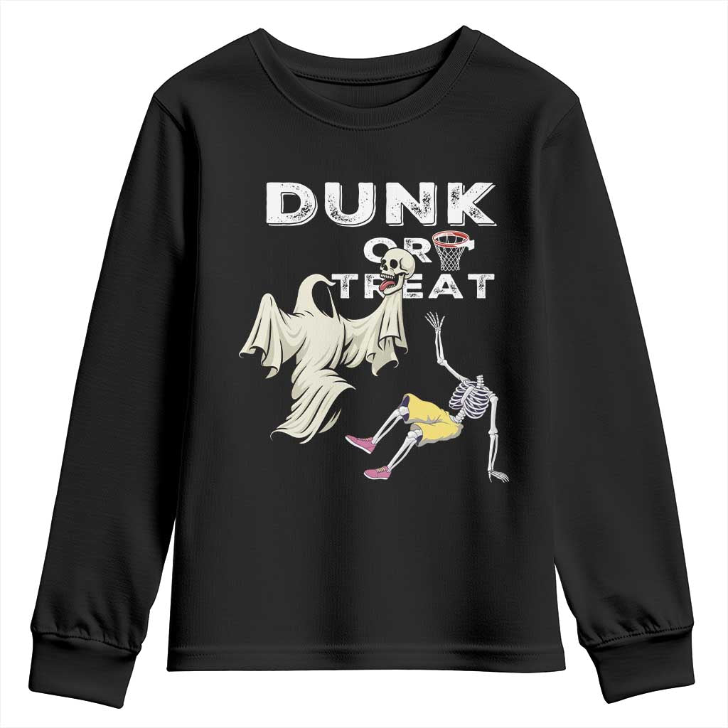 Halloween Dunk Or Treat Youth Sweatshirt Funny Skeleton And Ghost Playing Basketball TS12 Black Print Your Wear