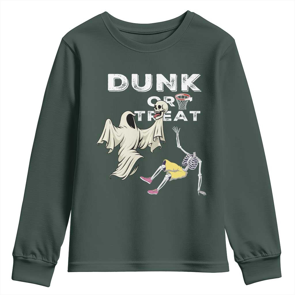 Halloween Dunk Or Treat Youth Sweatshirt Funny Skeleton And Ghost Playing Basketball TS12 Dark Forest Green Print Your Wear