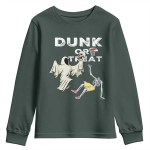 Halloween Dunk Or Treat Youth Sweatshirt Funny Skeleton And Ghost Playing Basketball TS12 Dark Forest Green Print Your Wear