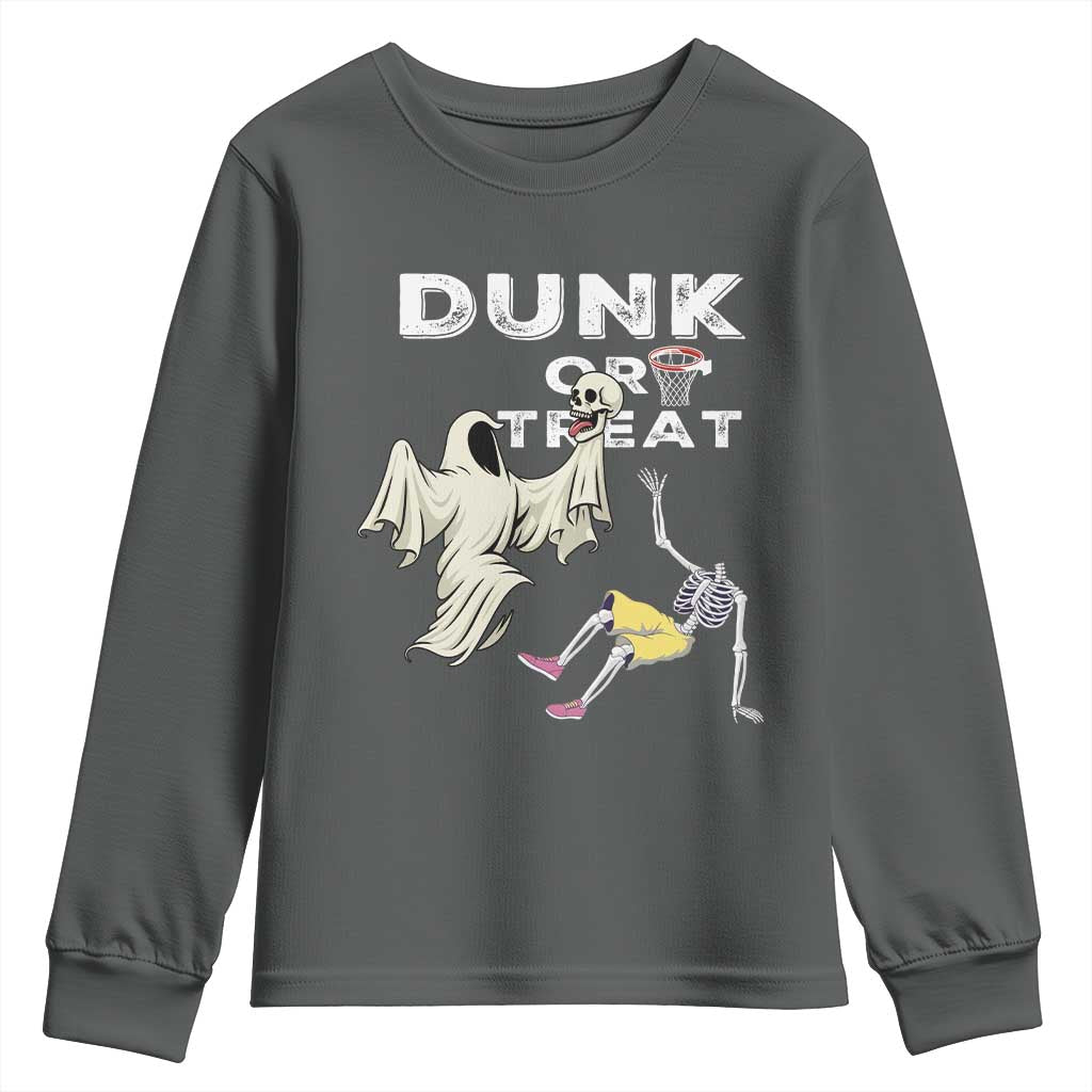Halloween Dunk Or Treat Youth Sweatshirt Funny Skeleton And Ghost Playing Basketball TS12 Dark Heather Print Your Wear