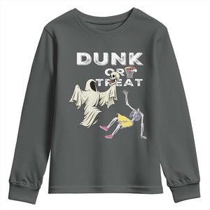 Halloween Dunk Or Treat Youth Sweatshirt Funny Skeleton And Ghost Playing Basketball TS12 Dark Heather Print Your Wear