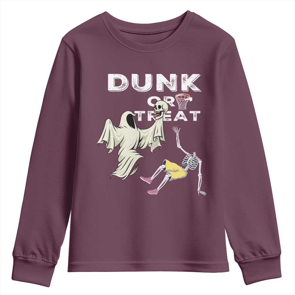 Halloween Dunk Or Treat Youth Sweatshirt Funny Skeleton And Ghost Playing Basketball TS12 Maroon Print Your Wear
