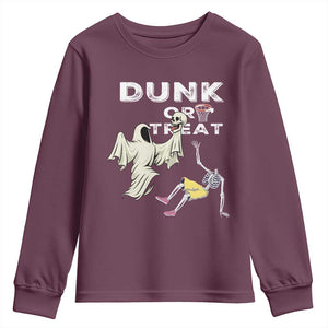 Halloween Dunk Or Treat Youth Sweatshirt Funny Skeleton And Ghost Playing Basketball TS12 Maroon Print Your Wear