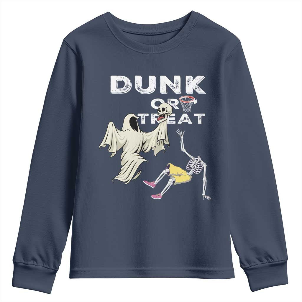 Halloween Dunk Or Treat Youth Sweatshirt Funny Skeleton And Ghost Playing Basketball TS12 Navy Print Your Wear