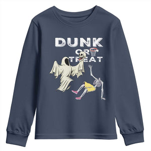 Halloween Dunk Or Treat Youth Sweatshirt Funny Skeleton And Ghost Playing Basketball TS12 Navy Print Your Wear