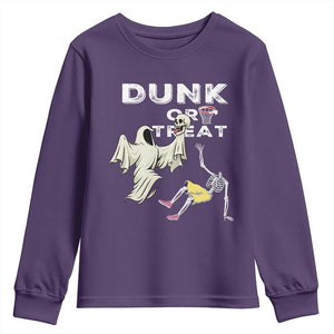 Halloween Dunk Or Treat Youth Sweatshirt Funny Skeleton And Ghost Playing Basketball TS12 Purple Print Your Wear