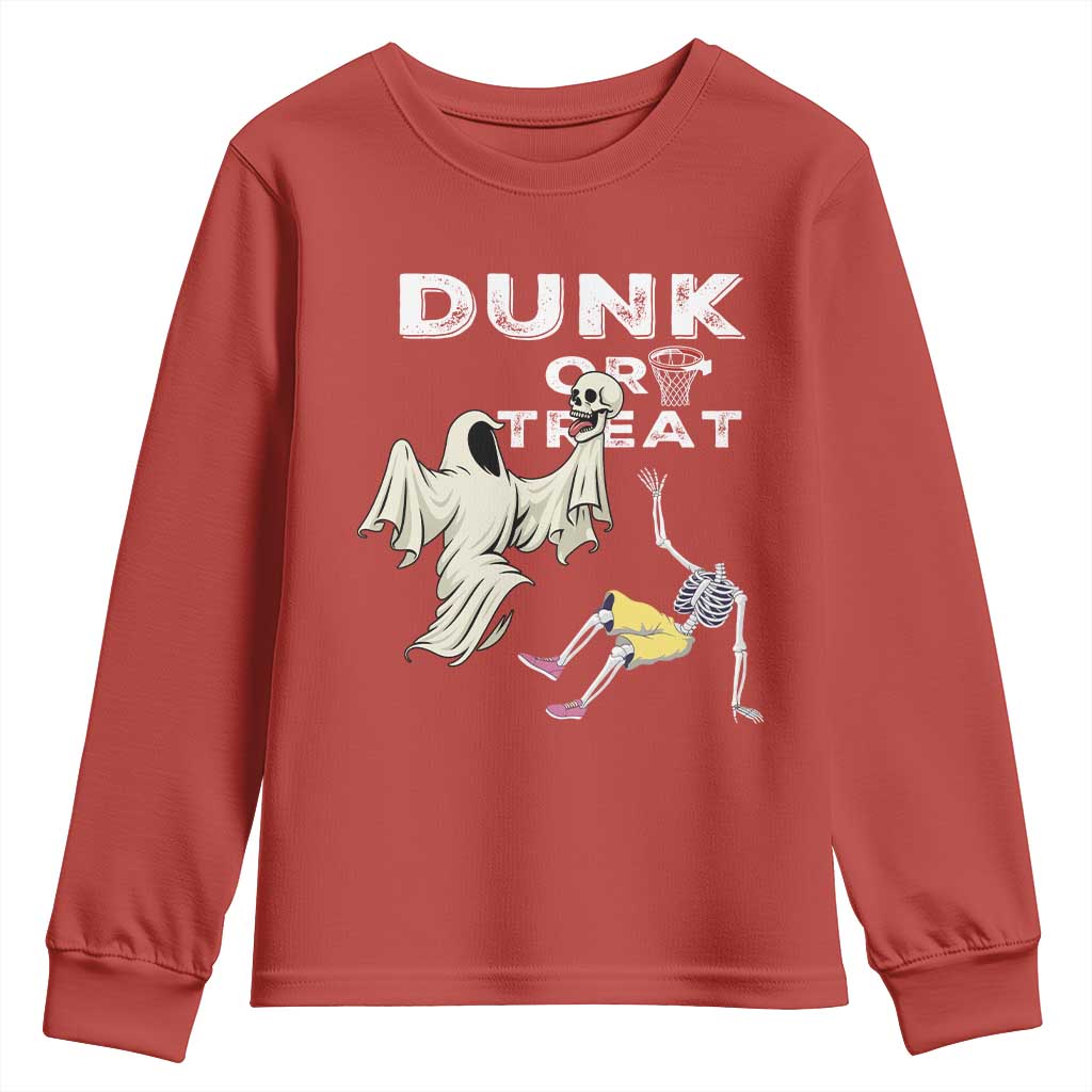 Halloween Dunk Or Treat Youth Sweatshirt Funny Skeleton And Ghost Playing Basketball TS12 Red Print Your Wear