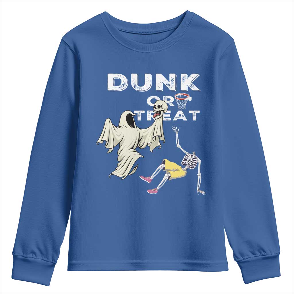 Halloween Dunk Or Treat Youth Sweatshirt Funny Skeleton And Ghost Playing Basketball TS12 Royal Blue Print Your Wear