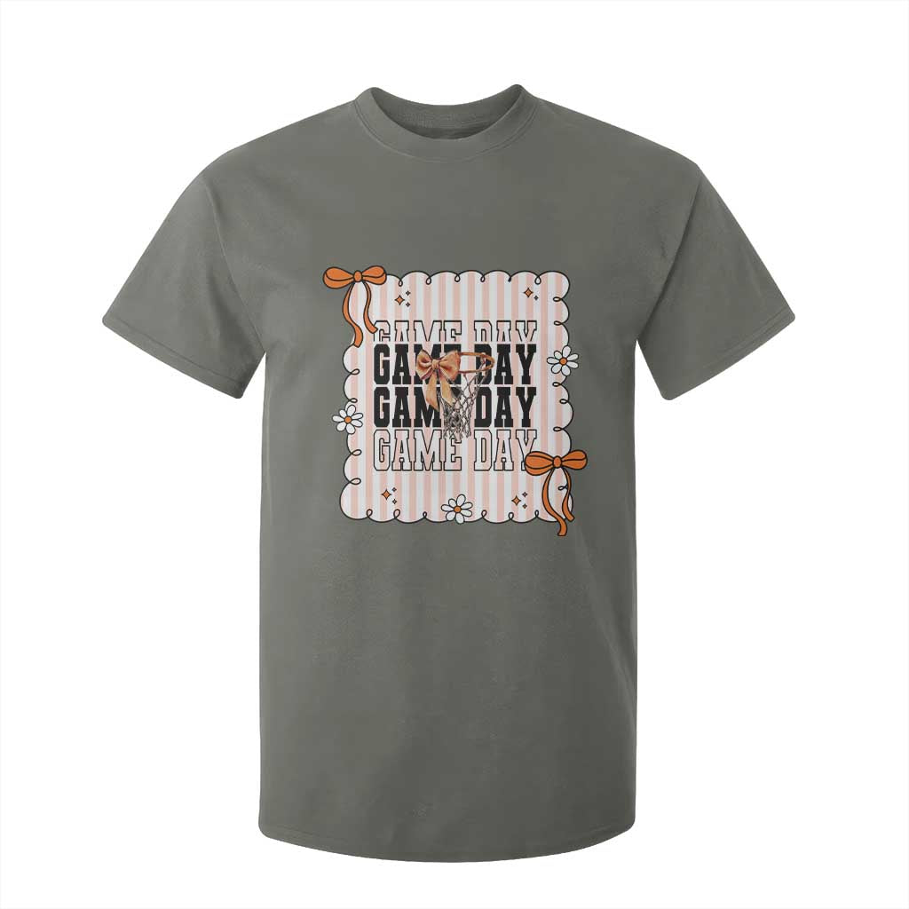 Basketball Game Day T Shirt For Kid Retro Coquette Bow Gift For Sport Lovers TS12 Military Green Print Your Wear