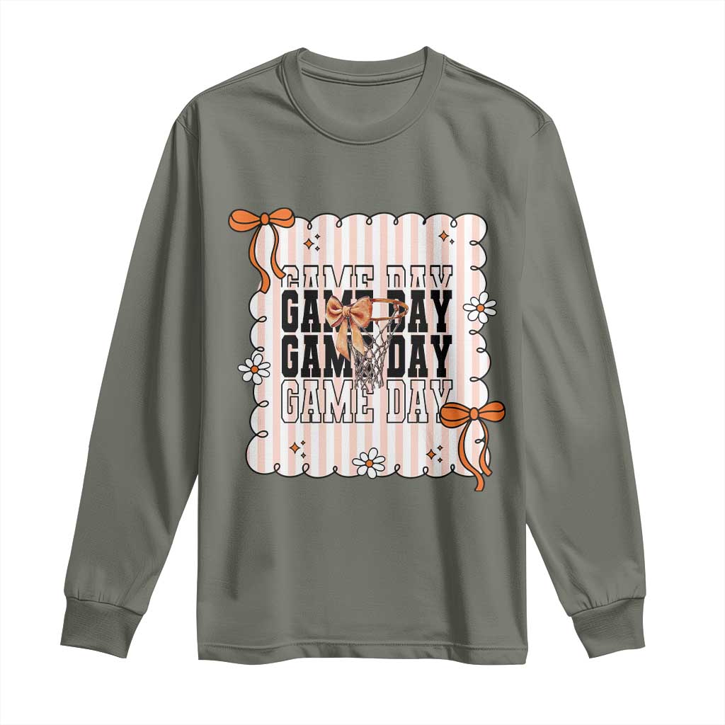 Basketball Game Day Long Sleeve Shirt Retro Coquette Bow Gift For Sport Lovers TS12 Military Green Print Your Wear