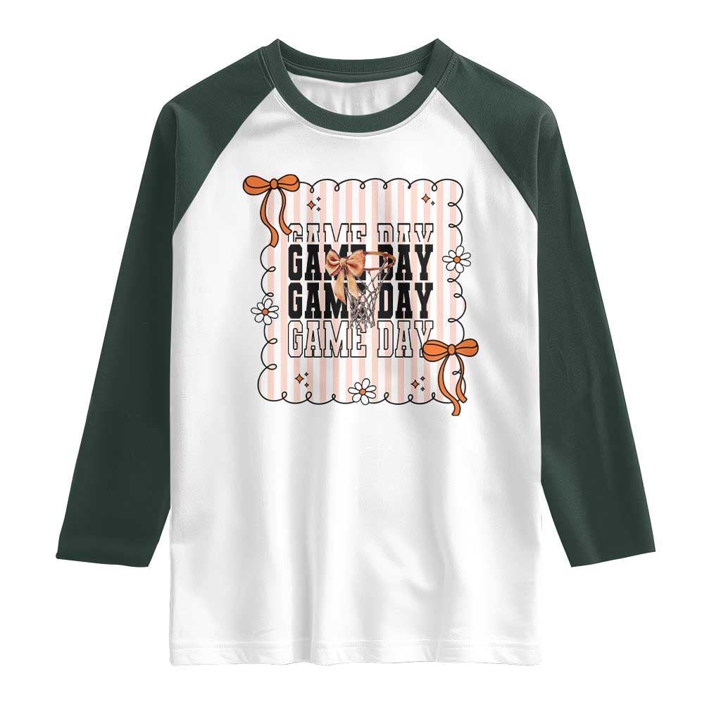 Basketball Game Day Raglan Shirt Retro Coquette Bow Gift For Sport Lovers TS12 White Dark Forest Green Print Your Wear
