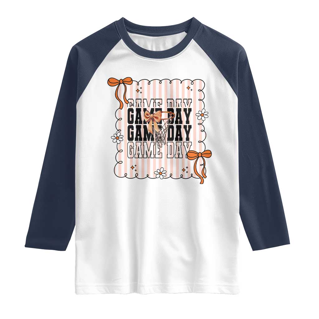 Basketball Game Day Raglan Shirt Retro Coquette Bow Gift For Sport Lovers TS12 White Navy Print Your Wear