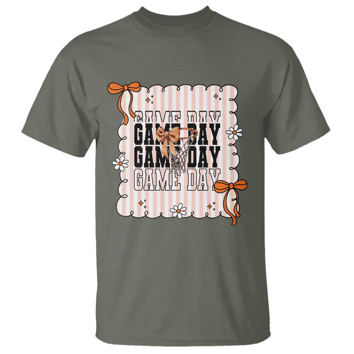 Basketball Game Day T Shirt Retro Coquette Bow Gift For Sport Lovers TS12 Military Green Print Your Wear